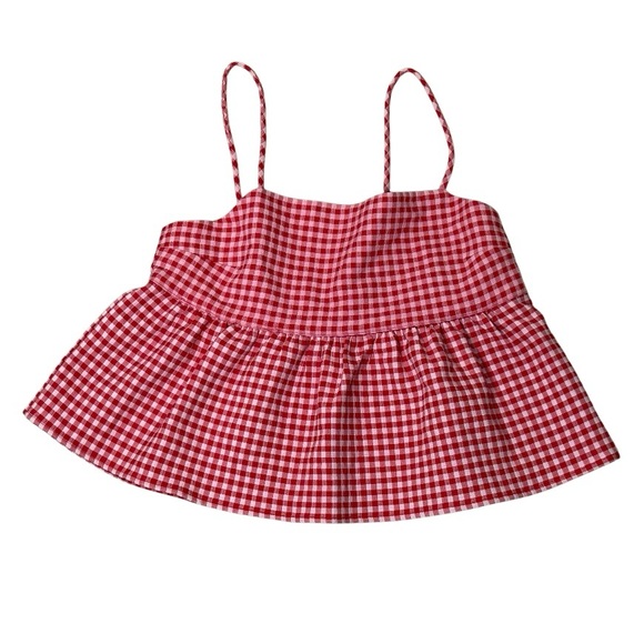 Mango Vichy Red Gingham Checkered Cotton Blend Crop Top Thin Straps Size S - Picture 6 of 8